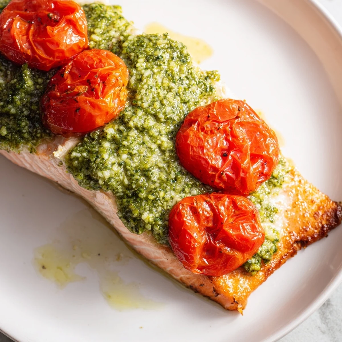Tender Baked Salmon with Pesto and Cherry Tomatoes topped with aromatic pesto and sweet roasted tomatoes. 