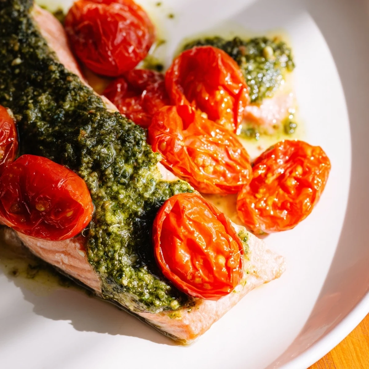 Baked Salmon with Pesto and Cherry Tomatoes glistening with fresh basil and olive oil on a ceramic plate. 