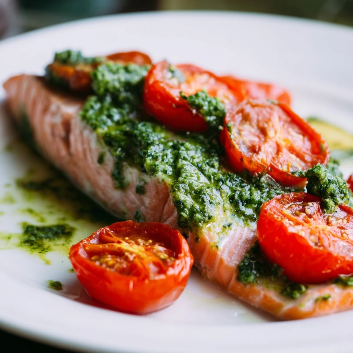 Golden Baked Salmon with Pesto and Cherry Tomatoes served with lemon wedges and a fresh garden salad.