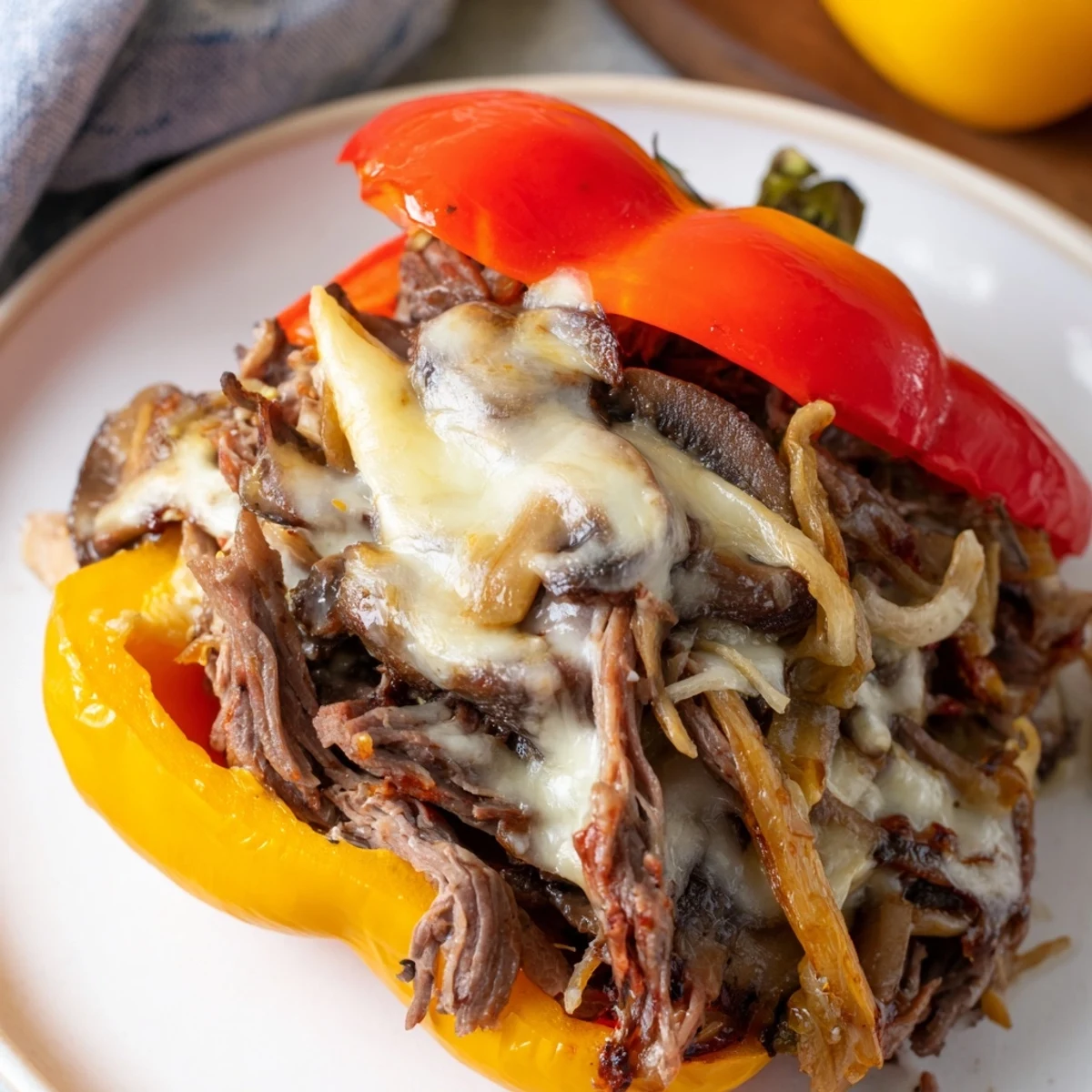 Sizzling beef, onions, and melted provolone fill tender roasted bell peppers in this low-carb Beef Philly Cheesesteak Stuffed Peppers recipe, a satisfying weeknight dinner.