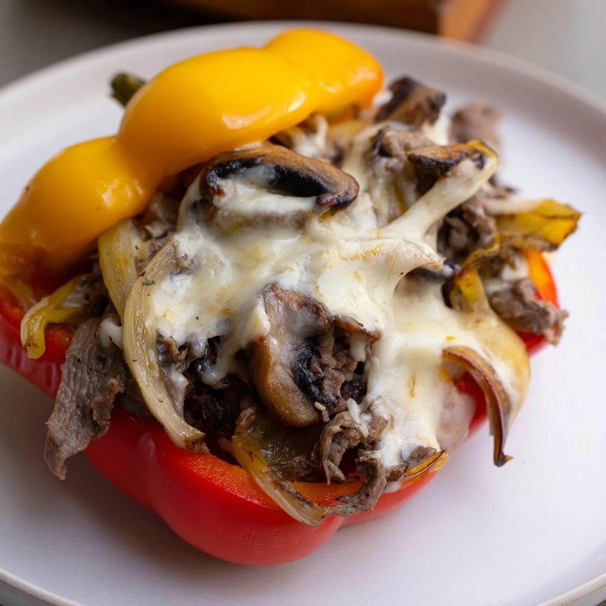 A close-up shows the juicy Beef Philly Cheesesteak Stuffed Peppers bubbling with melted cheese, perfect for a gluten-free and keto-friendly family dinner.