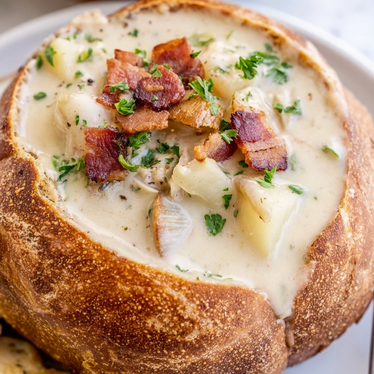 Creamy clam chowder served in a hollowed sourdough bread bowl, topped with fresh parsley.