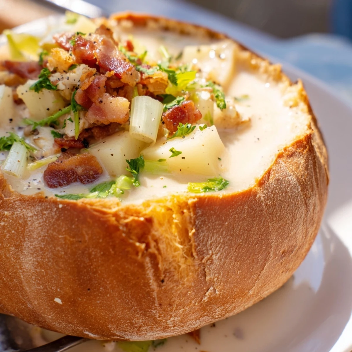 Crusty sourdough bread holds rich, creamy clam chowder garnished with fresh parsley and black pepper.