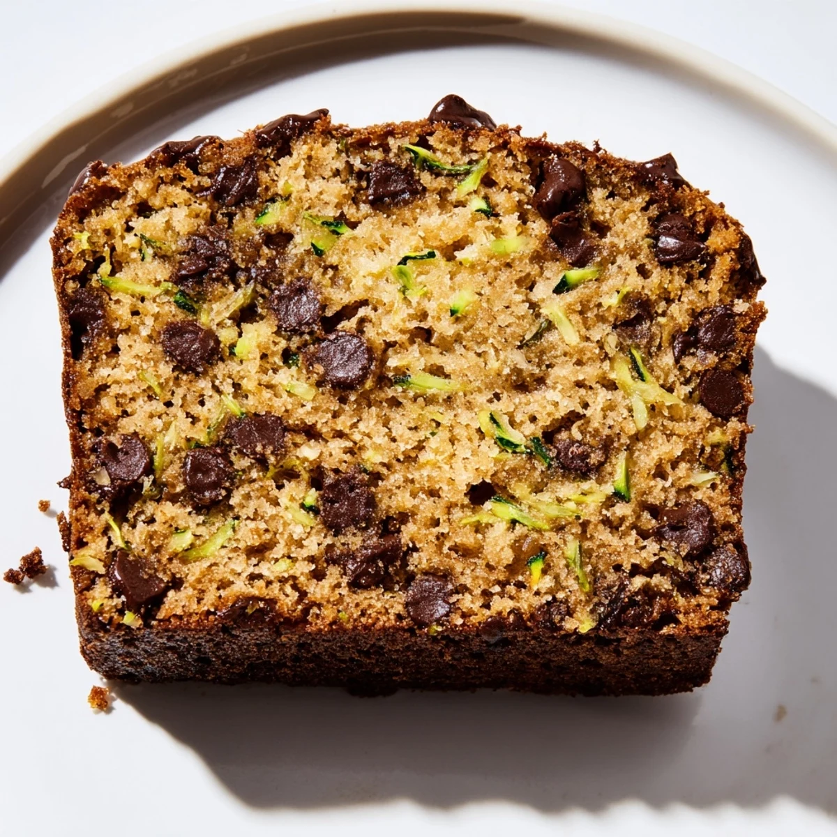 A slice of moist Chocolate Chip Zucchini Bread rests on a wooden cutting board, with melted chocolate chips glistening and a few stray zucchini shreds visible in the tender crumb.
