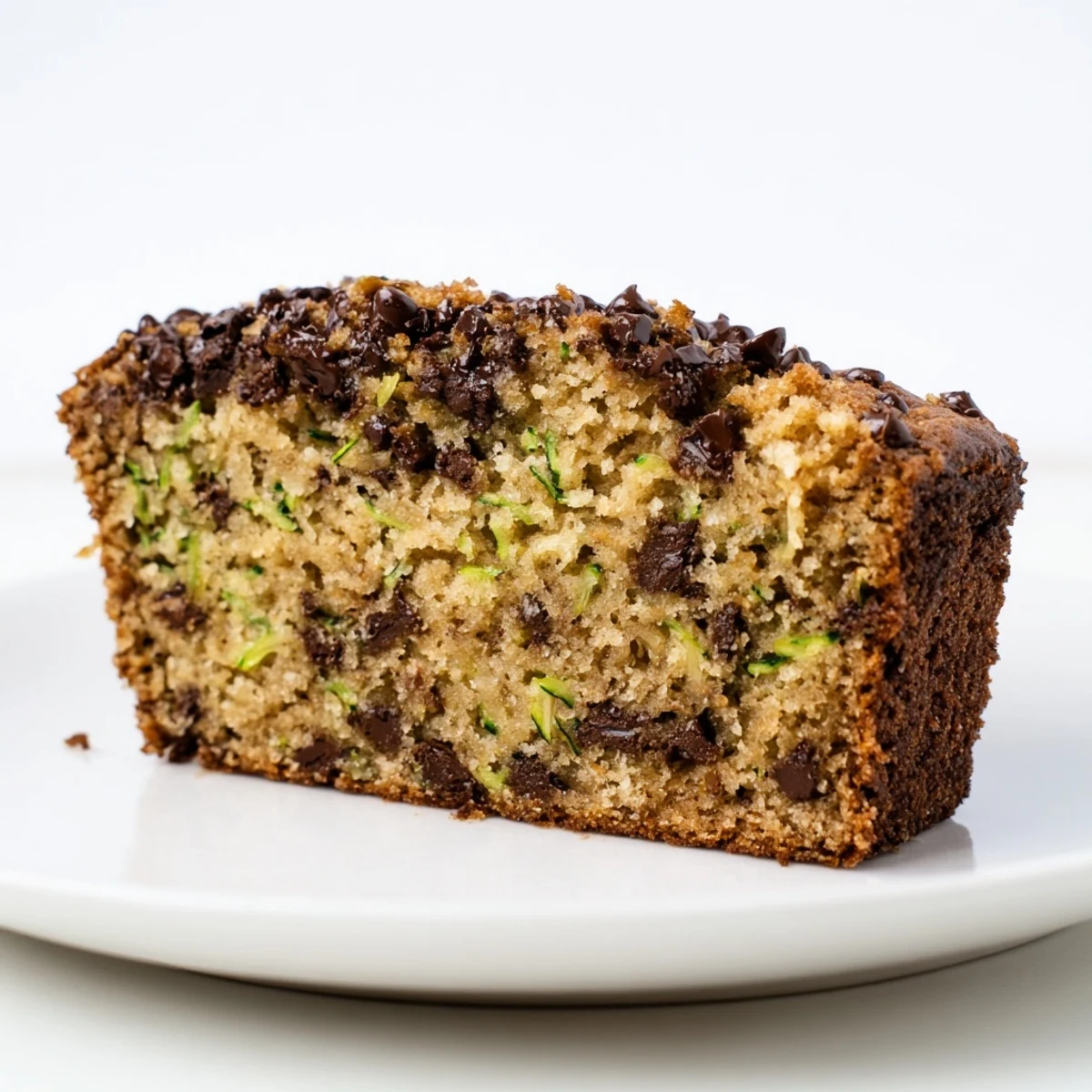 A whole loaf of Chocolate Chip Zucchini Bread emerges from the oven, golden brown with a slightly cracked top, cooling on a wire rack next to a few chocolate chips.