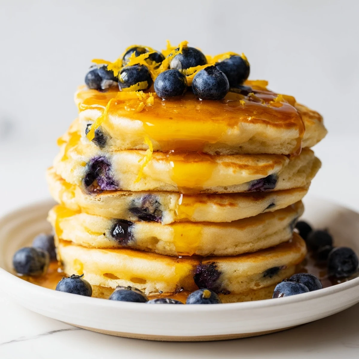 Fluffy Lemon Blueberry Pancakes topped with fresh blueberries and a sprinkle of zest, served on a rustic plate.