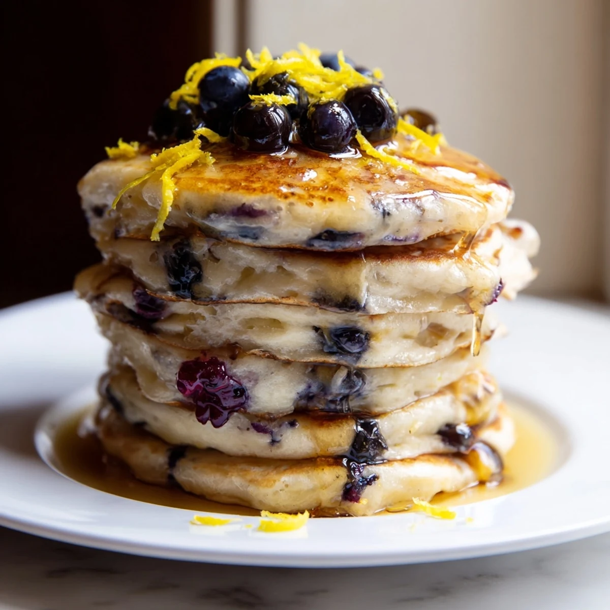 Close-up of golden Lemon Blueberry Pancakes with bubbling syrup, highlighting the juicy blueberries and bright lemon zest.