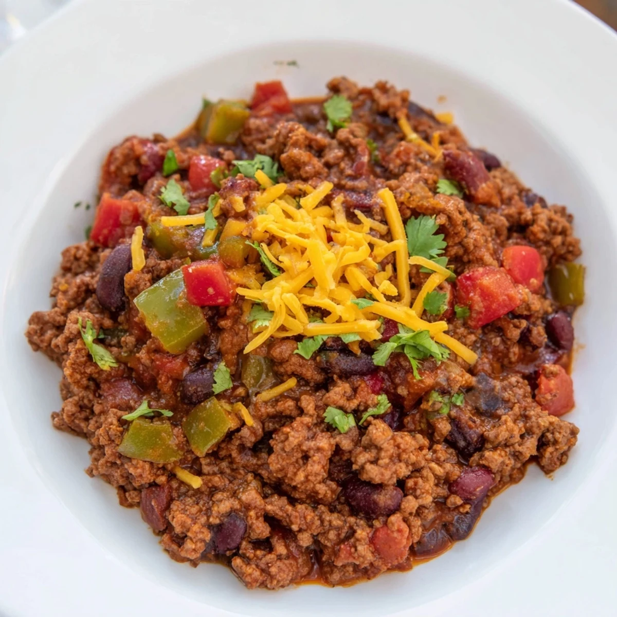 Slow Cooker Chili with Ground Beef simmers with beans and spices in a ceramic pot.