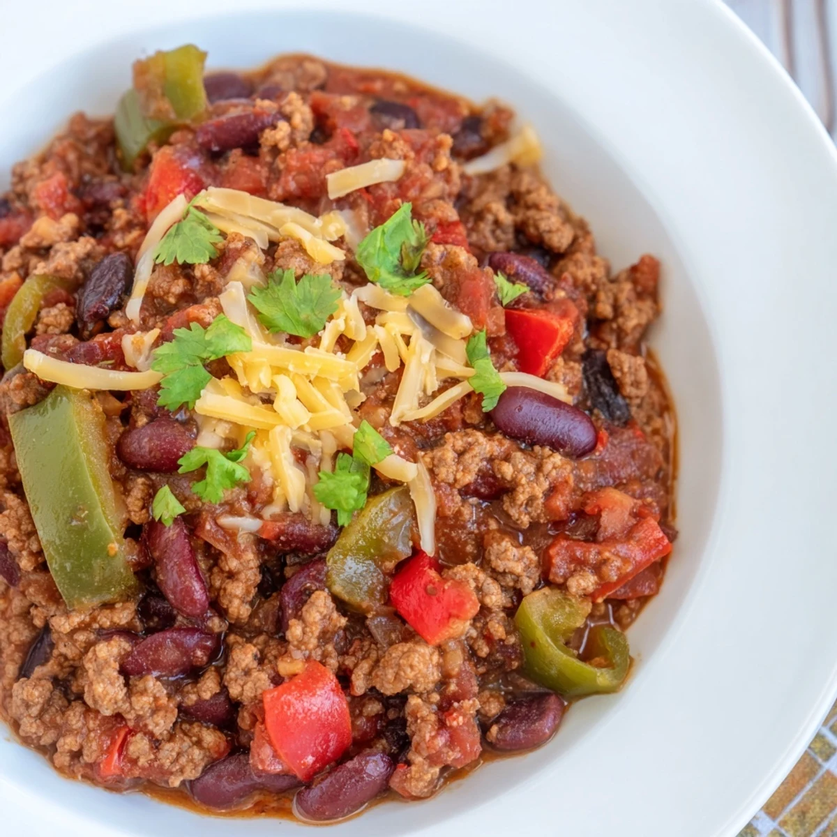 A bowl of Slow Cooker Chili with Ground Beef topped with cheddar and sour cream.