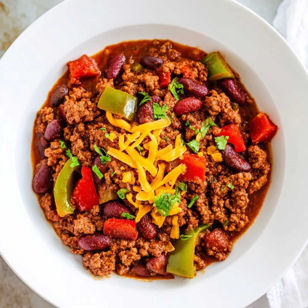 Spoon serving Slow Cooker Chili with Ground Beef into bowls with fresh cilantro garnish.