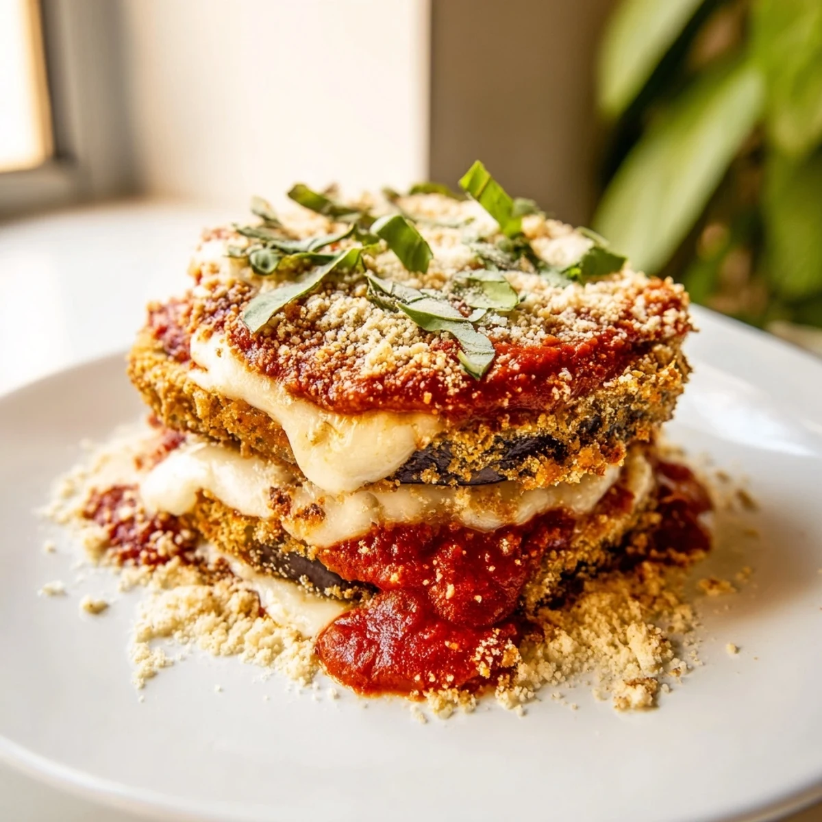 Crispy baked eggplant Parmesan layered with rich marinara and melted mozzarella in a casserole dish.  