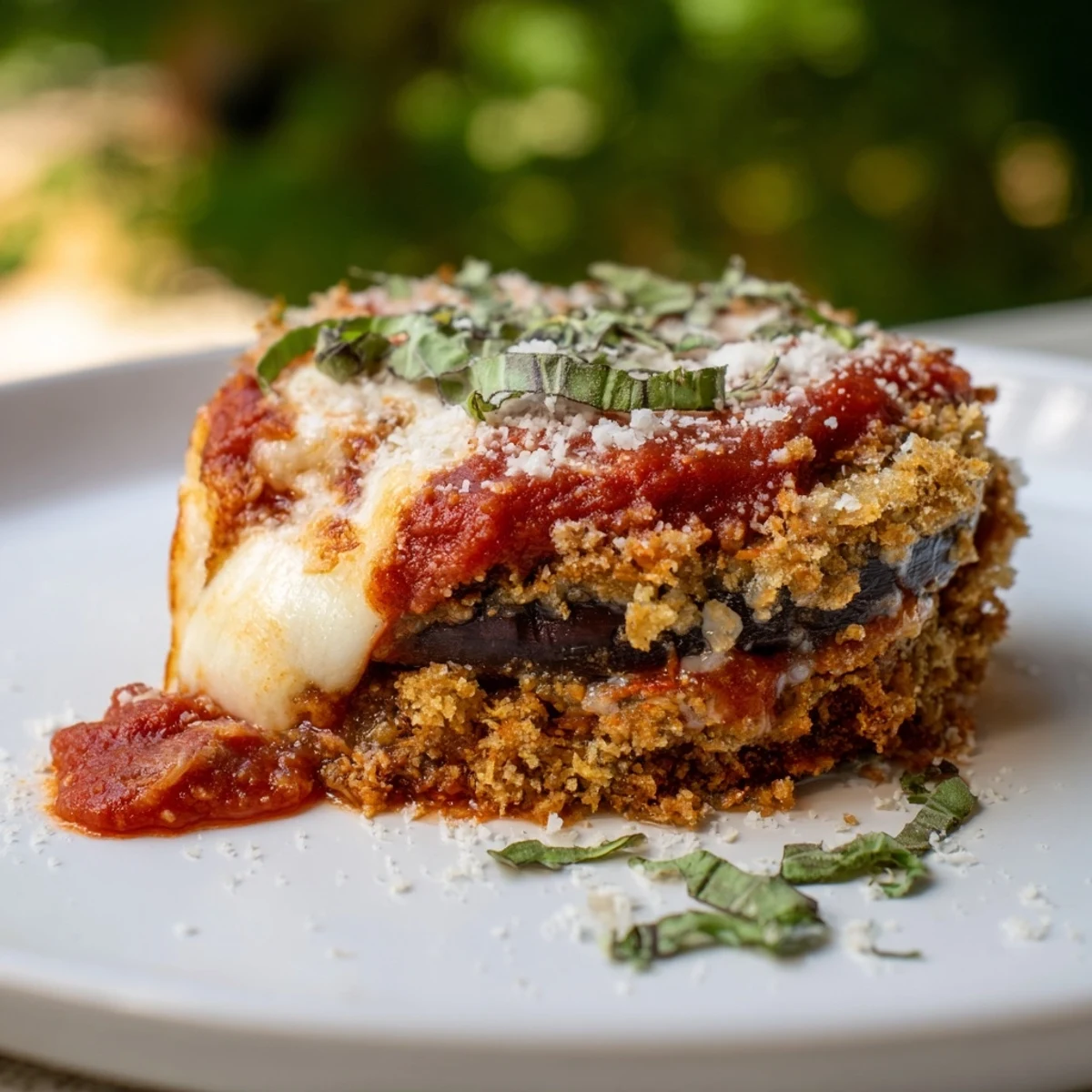 Golden, crunchy breaded eggplant slices smothered in marinara sauce and bubbly cheese for a vegetarian dinner.  