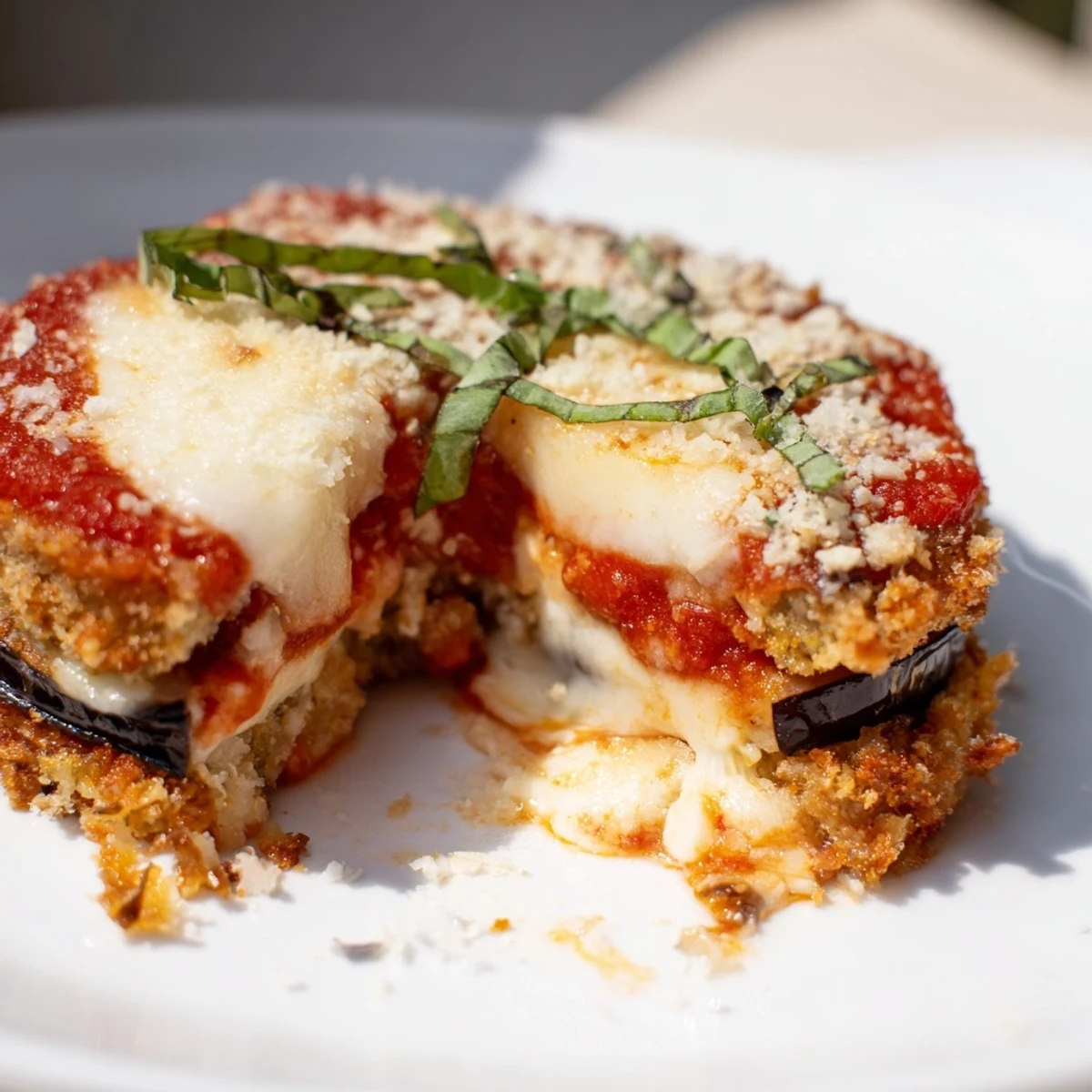 Classic homemade Baked Eggplant Parmesan served with fresh basil and a side salad on a rustic table.