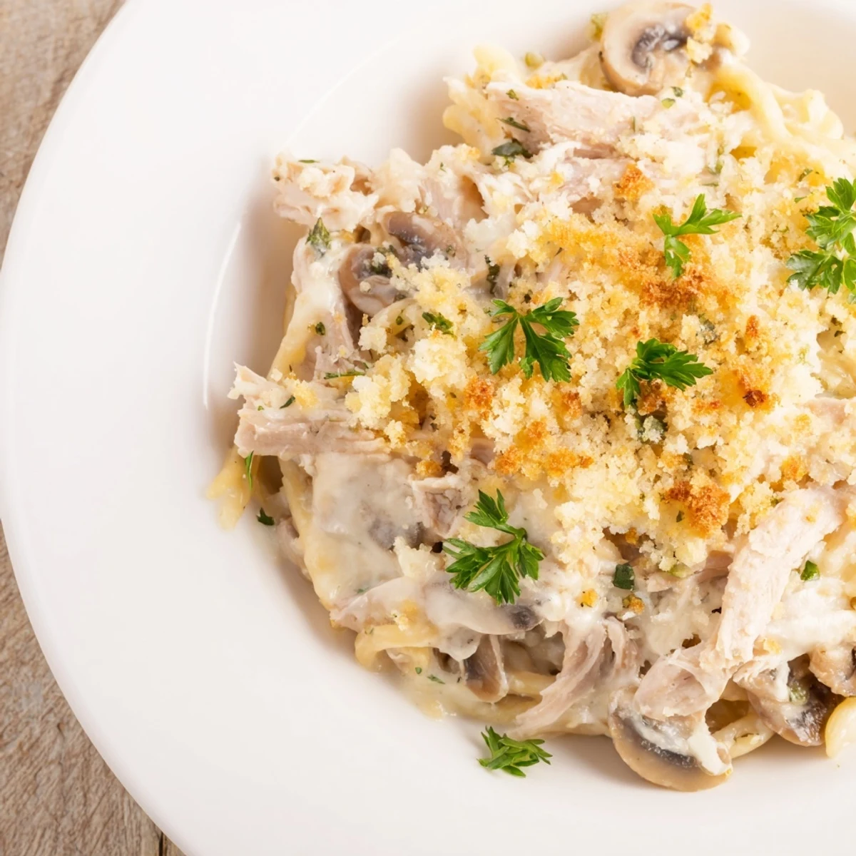 Creamy turkey tetrazzini with sautéed mushrooms and parmesan crumbs in a golden baking dish.  