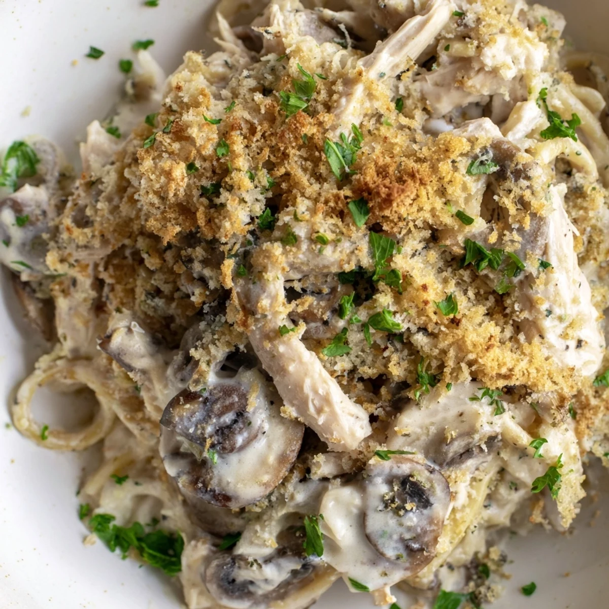A bubbling turkey tetrazzini casserole topped with toasted breadcrumbs and fresh parsley for serving.  