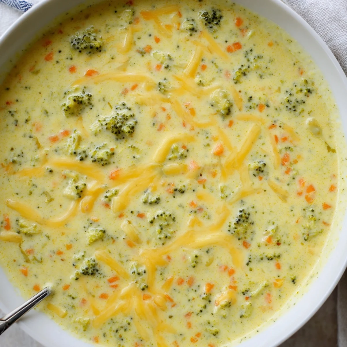 A warm bowl of Creamy Broccoli Cheddar Soup topped with melted cheese, served with crusty bread for dipping.