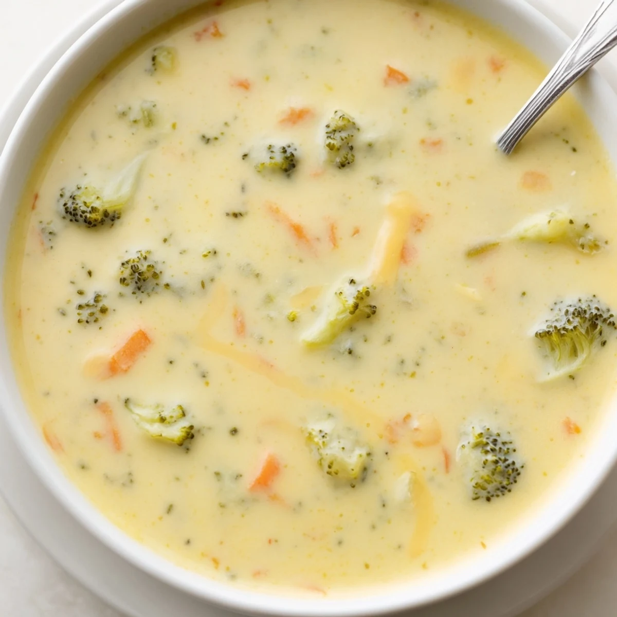 Steaming Creamy Broccoli Cheddar Soup in a rustic mug, featuring tender broccoli florets and a side of golden toast.