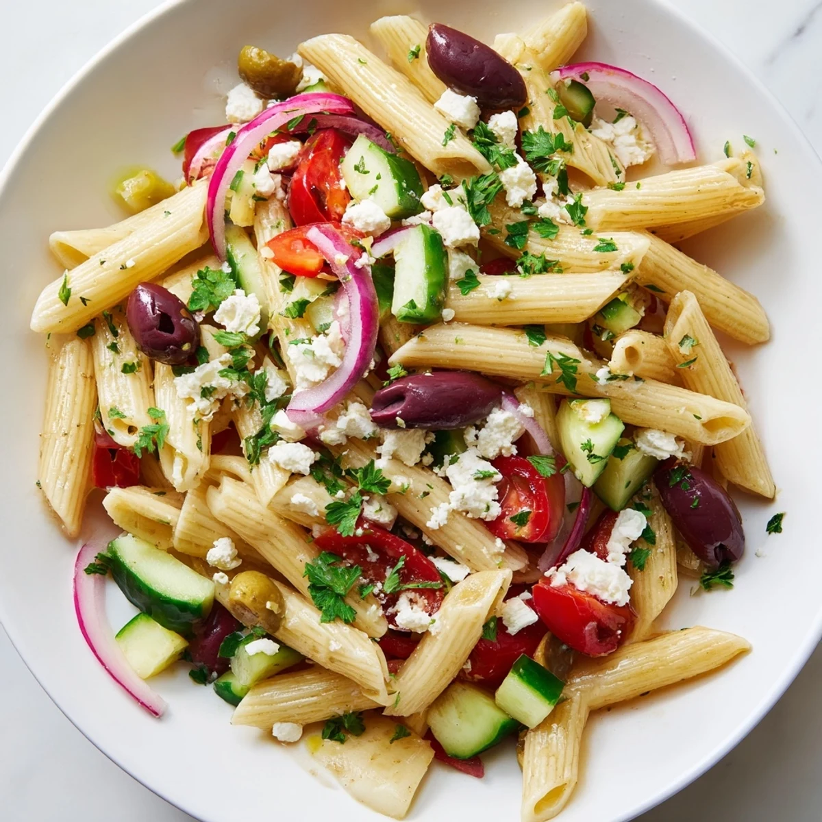 A vibrant bowl of Mediterranean Pasta Salad with olives, feta, and fresh vegetables, tossed in a zesty vinaigrette.