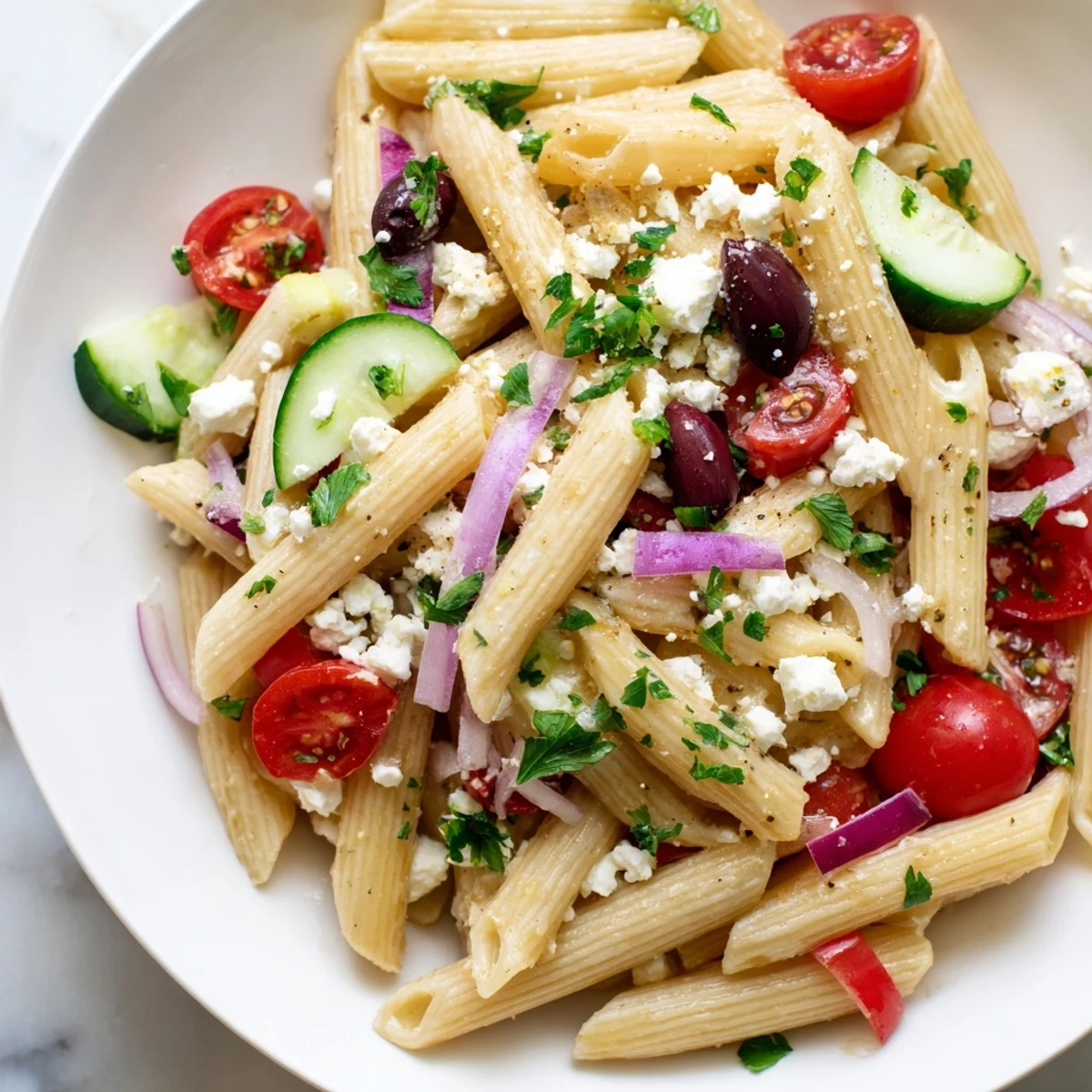 Chilled Mediterranean Pasta Salad ready for a picnic, featuring briny olives, crisp cucumbers, and crumbled feta cheese.