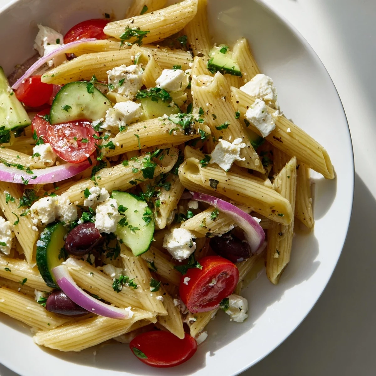 Freshly tossed Mediterranean Pasta Salad with colorful vegetables and herbs, perfect for a light and refreshing lunch.