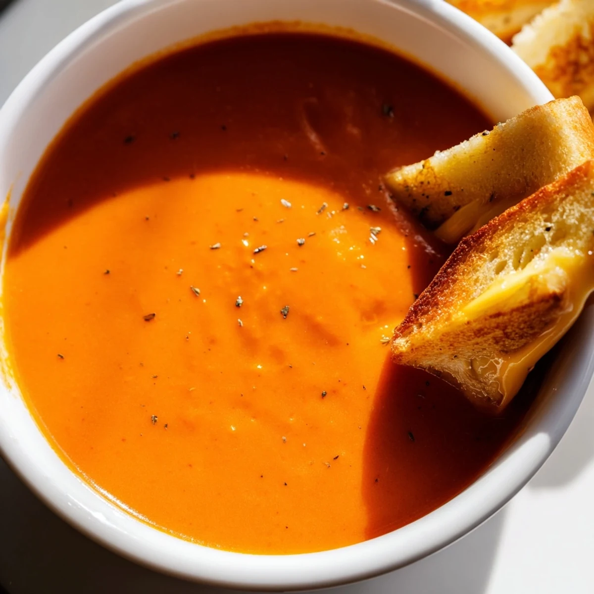 A comforting bowl of Creamy Tomato Soup with Grilled Cheese Dippers, perfect for a cozy weeknight family dinner.