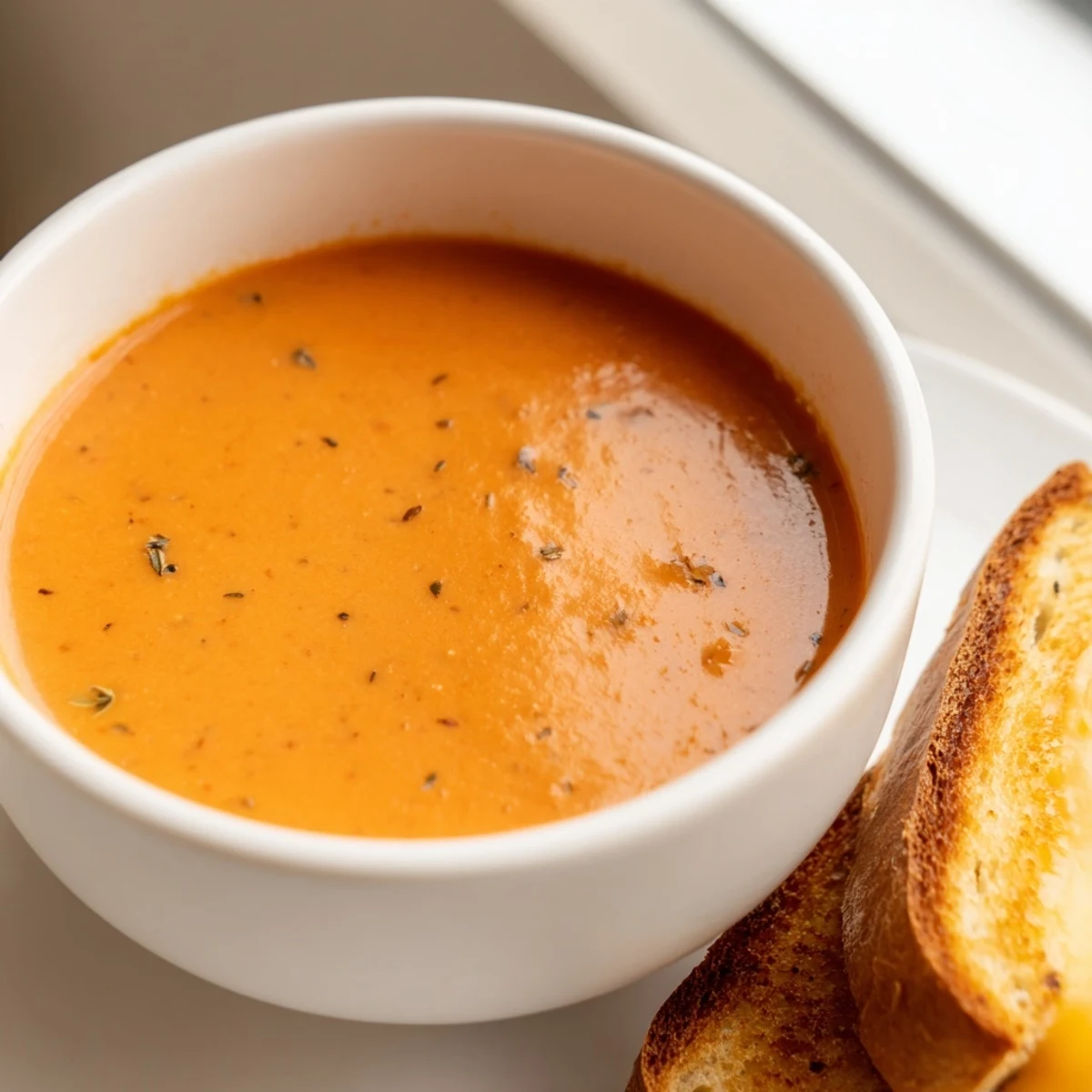 Velvety red soup topped with a drizzle of cream, next to a stack of crispy grilled cheese dippers on a rustic table.  