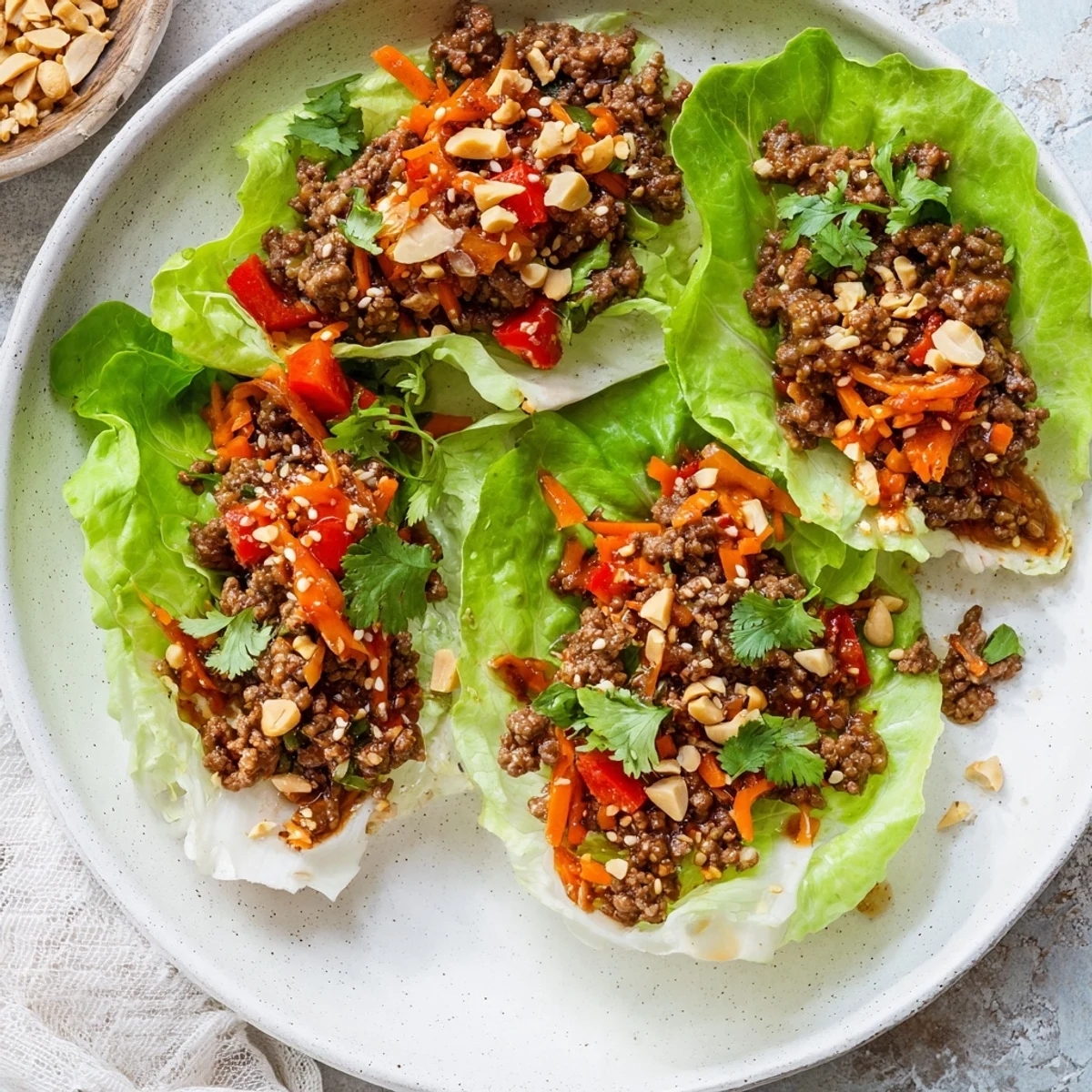 A close-up of savory Beef Lettuce Wraps with hoisin sauce garnished with green onions, sesame seeds, and chopped peanuts, served fresh and ready to eat.