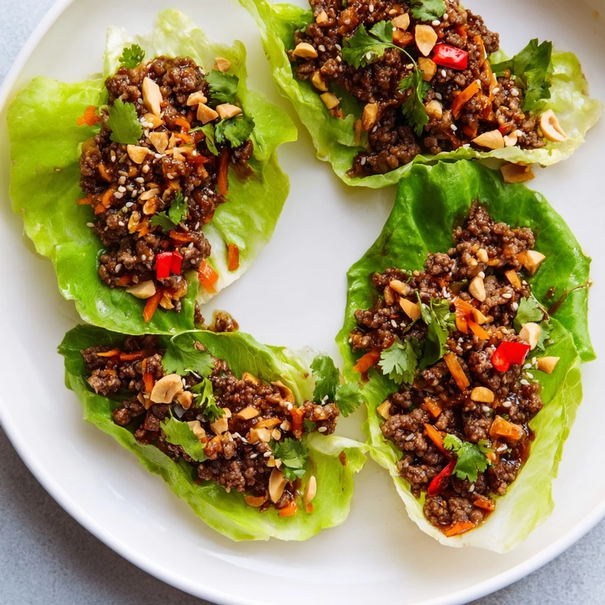 Appetizer platter featuring juicy Beef Lettuce Wraps with hoisin sauce, minced garlic, and ginger, offering a vibrant, colorful presentation perfect for an Asian-inspired meal.
