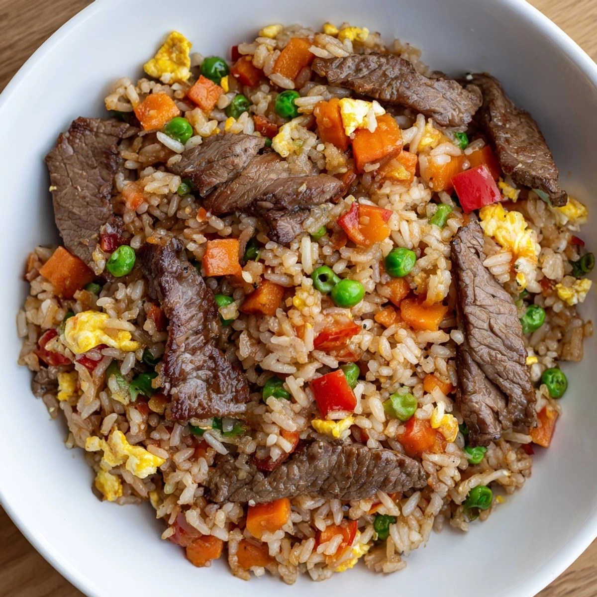 Close-up of golden Beef Fried Rice with Vegetables, featuring fluffy grains, diced carrots, peas, and seared beef strips.