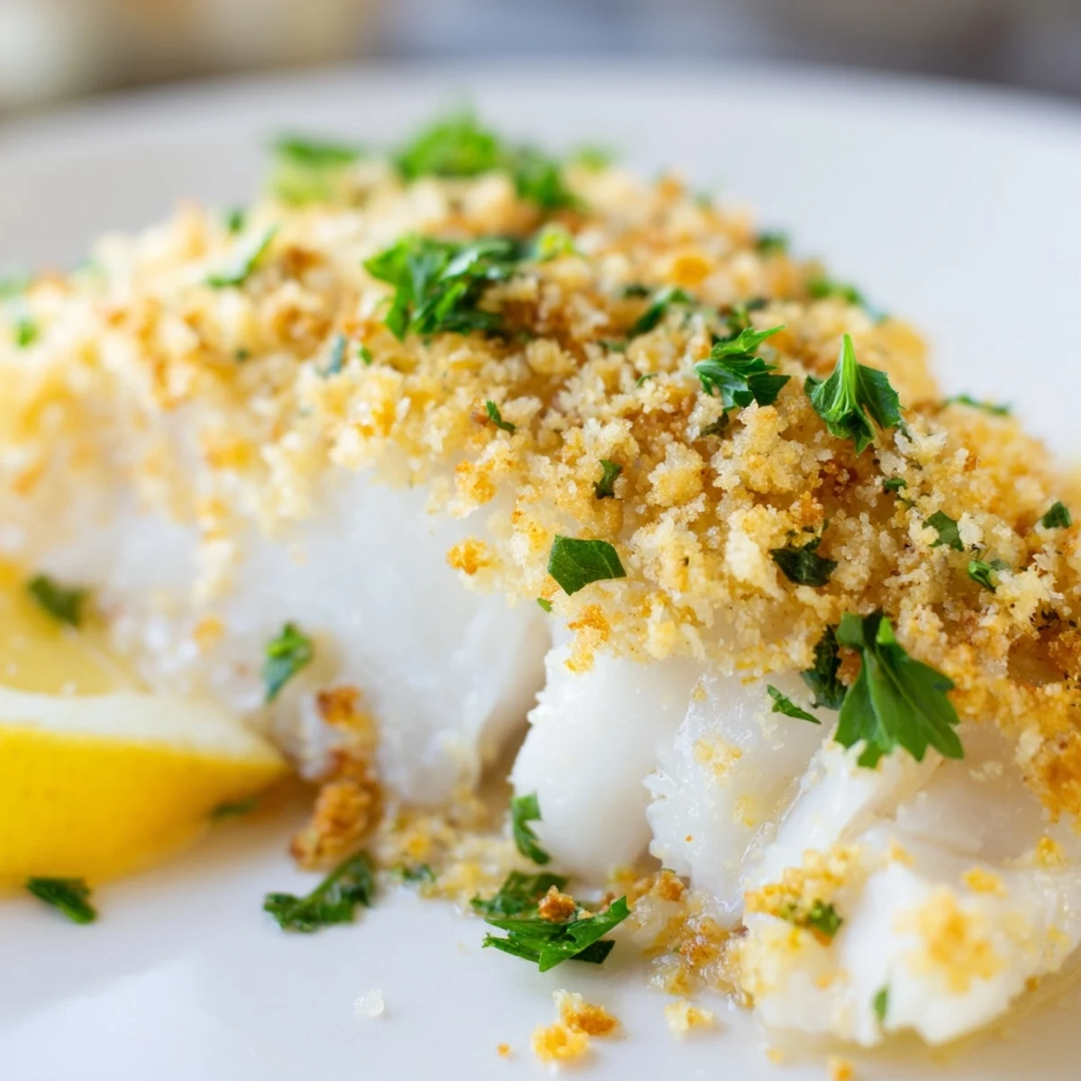 Golden baked cod fillets topped with a buttery, crunchy cracker crumb crust, served with fresh lemon wedges on a white plate.  