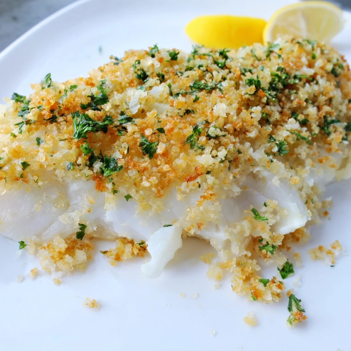 A close-up of tender baked cod fillets with a savory, golden cracker crumb topping, garnished with fresh parsley and lemon.
