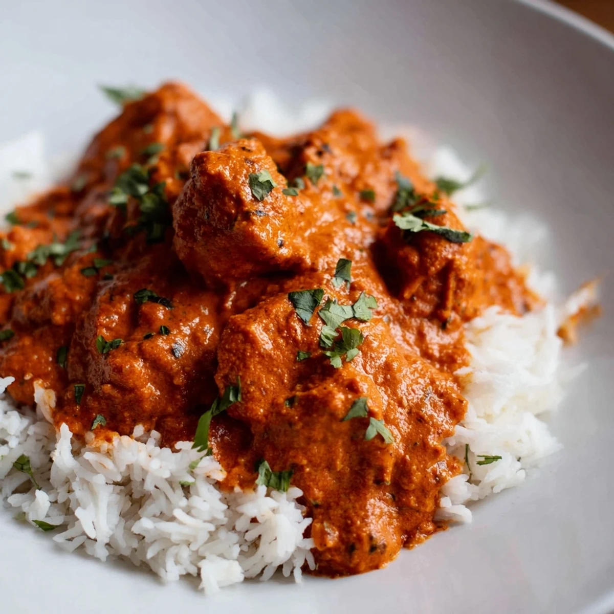 Spoonful of tender chicken tikka masala over fluffy basmati rice, with a swirl of heavy cream.