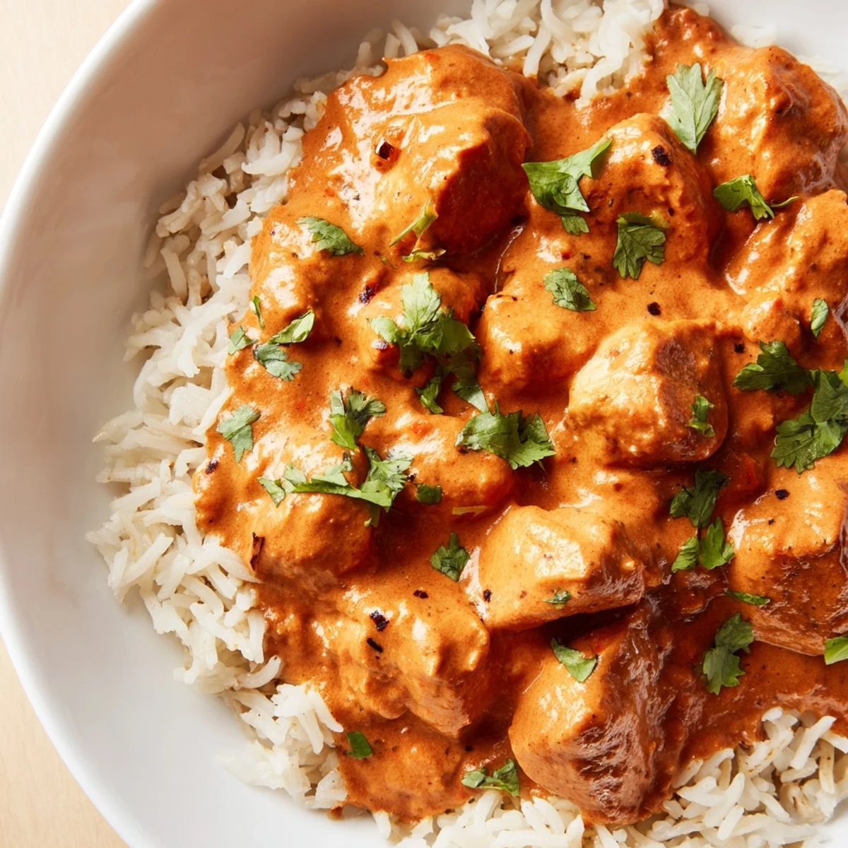 Close-up of vibrant chicken tikka masala with basmati rice, showcasing a rich, spiced tomato sauce.
