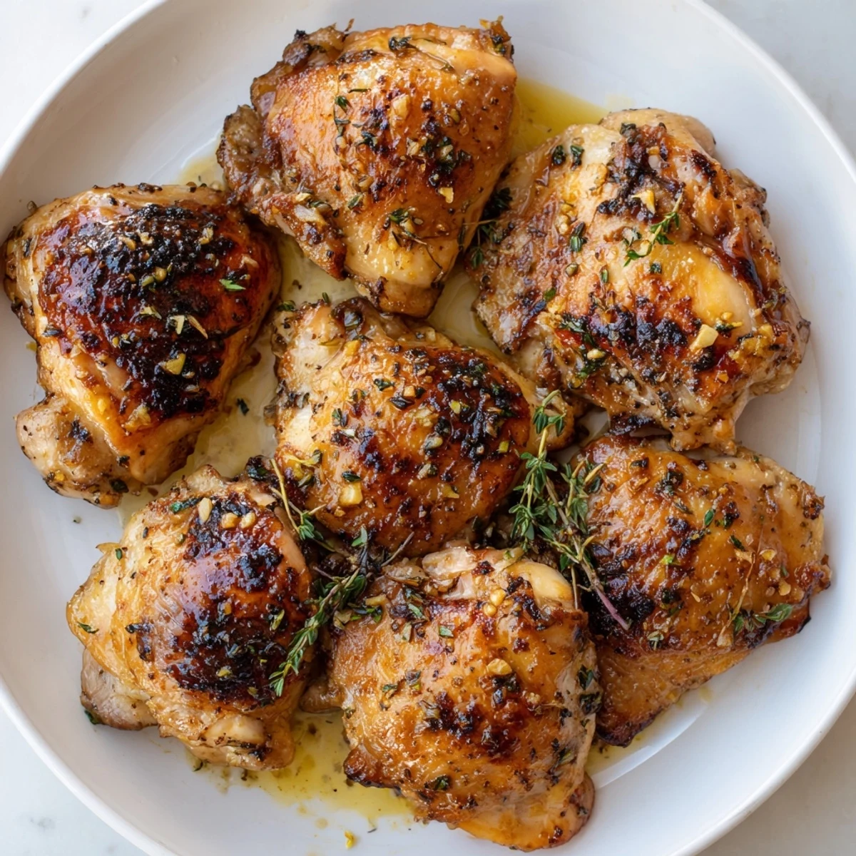 Golden-brown Lemon Garlic Roasted Chicken Thighs with crispy skin and fresh herbs on a rustic platter.
