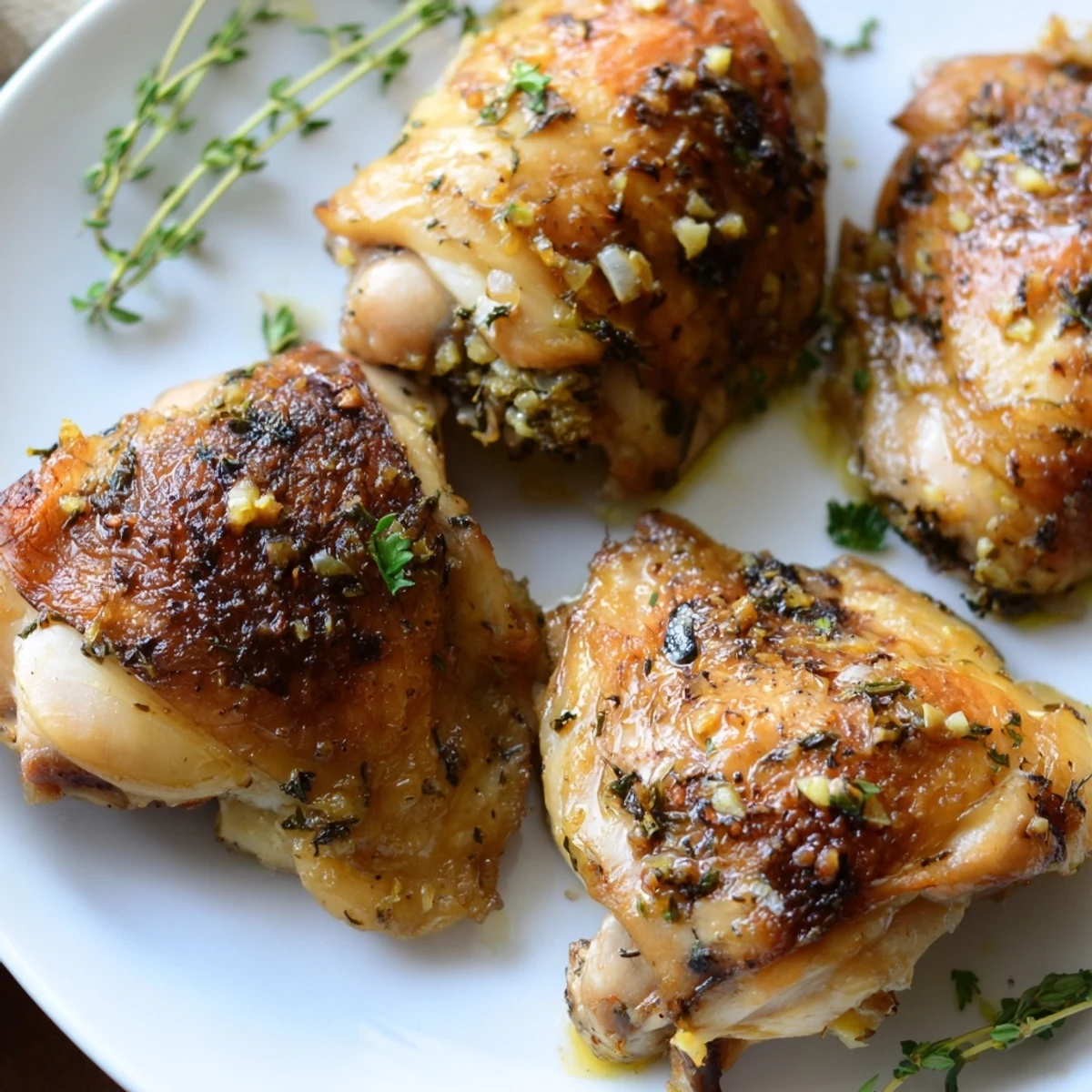 Juicy Lemon Garlic Roasted Chicken Thighs garnished with parsley and lemon wedges, ready to serve.