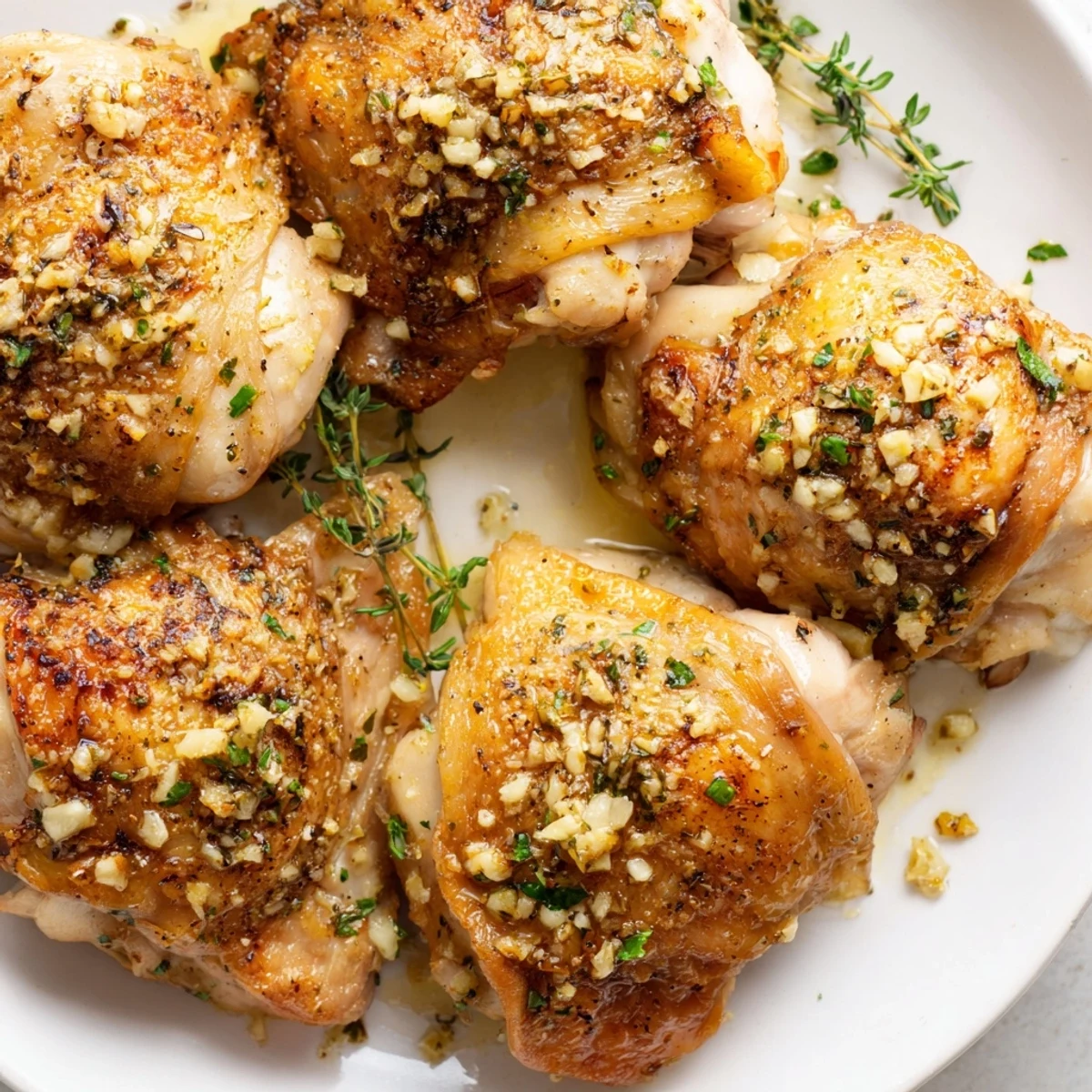 Roasted Lemon Garlic Roasted Chicken Thighs paired with green salad and potatoes for a weeknight meal.
