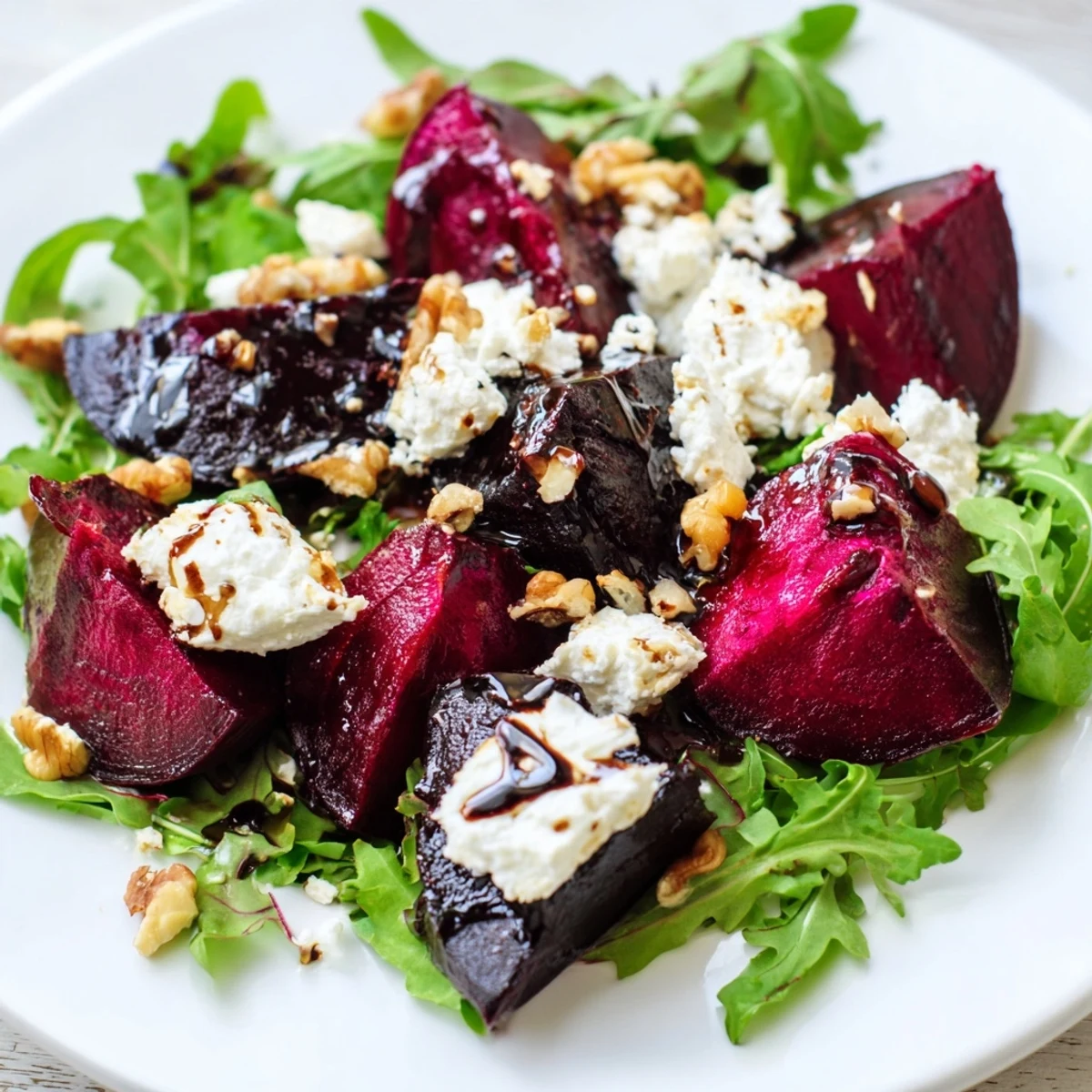 Deep purple roasted beet slices topped with creamy goat cheese crumbles and toasted walnuts on a bed of greens, drizzled with balsamic vinaigrette, showcasing the Roasted Beet Salad.
