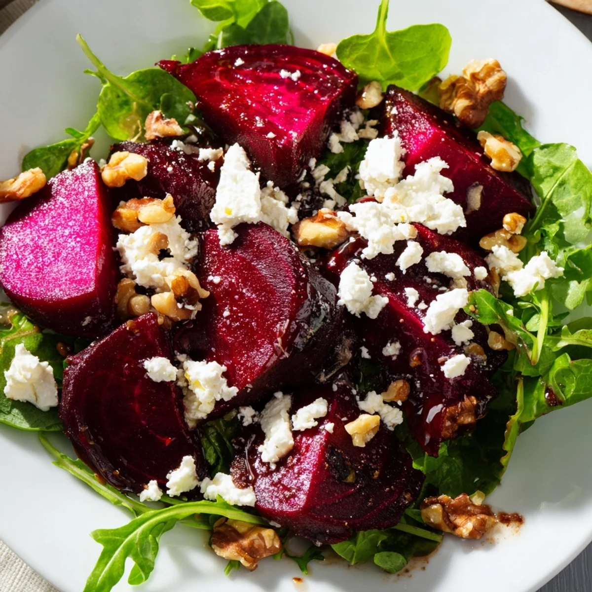 A close-up view of the vibrant Roasted Beet Salad, featuring earthy roasted beets, tangy goat cheese, and crunchy walnuts tossed with mixed greens and a shiny balsamic dressing.