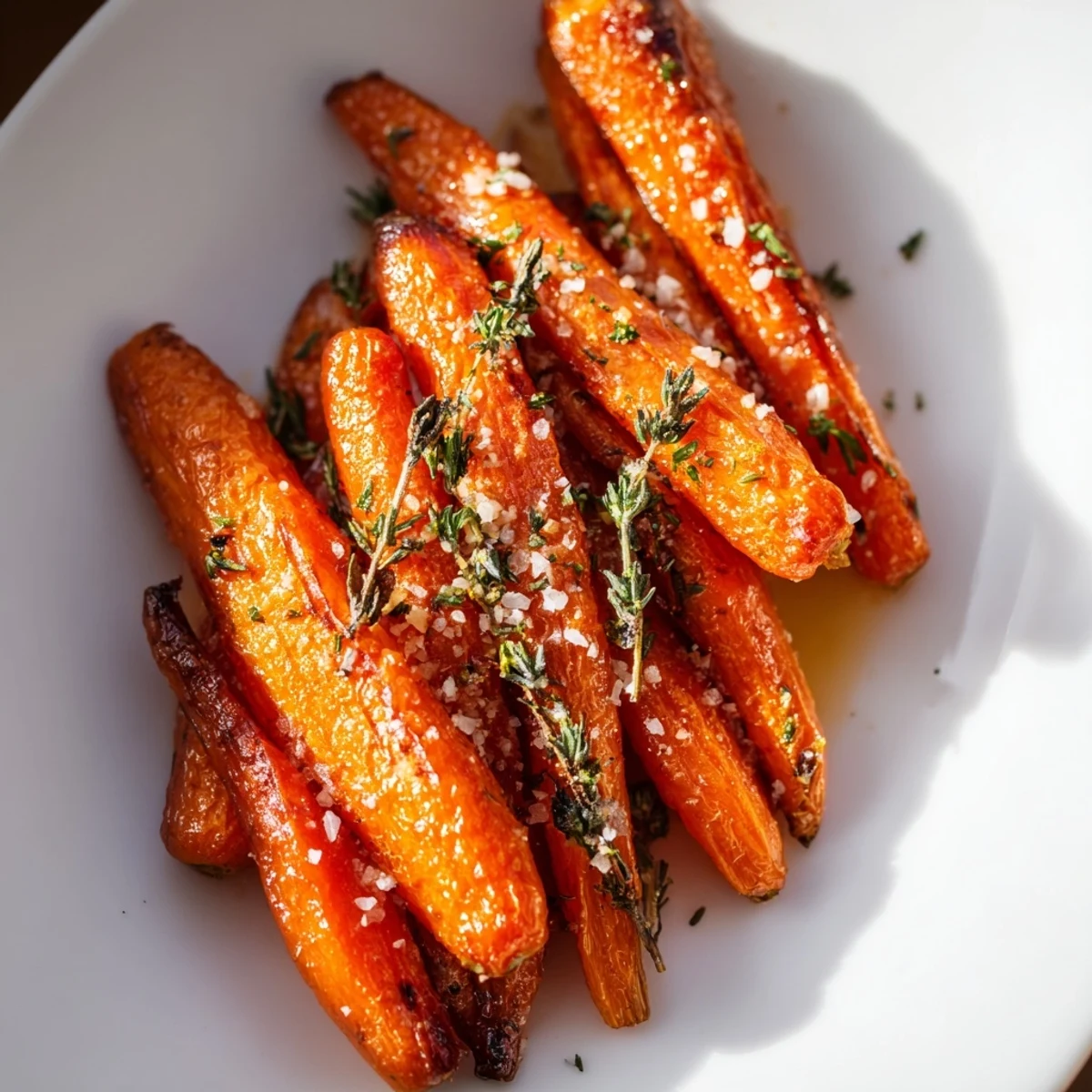 Glistening, honey-glazed roasted carrots with thyme are arranged on a warm plate for an easy, savory side dish.  