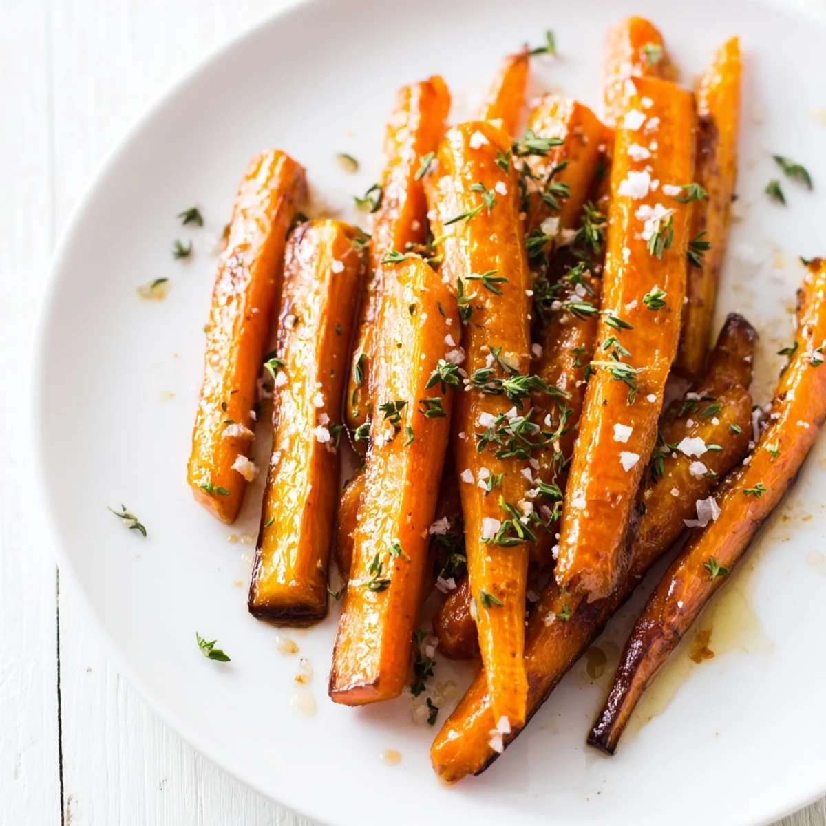 A bowl of tender, caramelized roasted carrots with honey and thyme, perfect for a quick weeknight meal.  