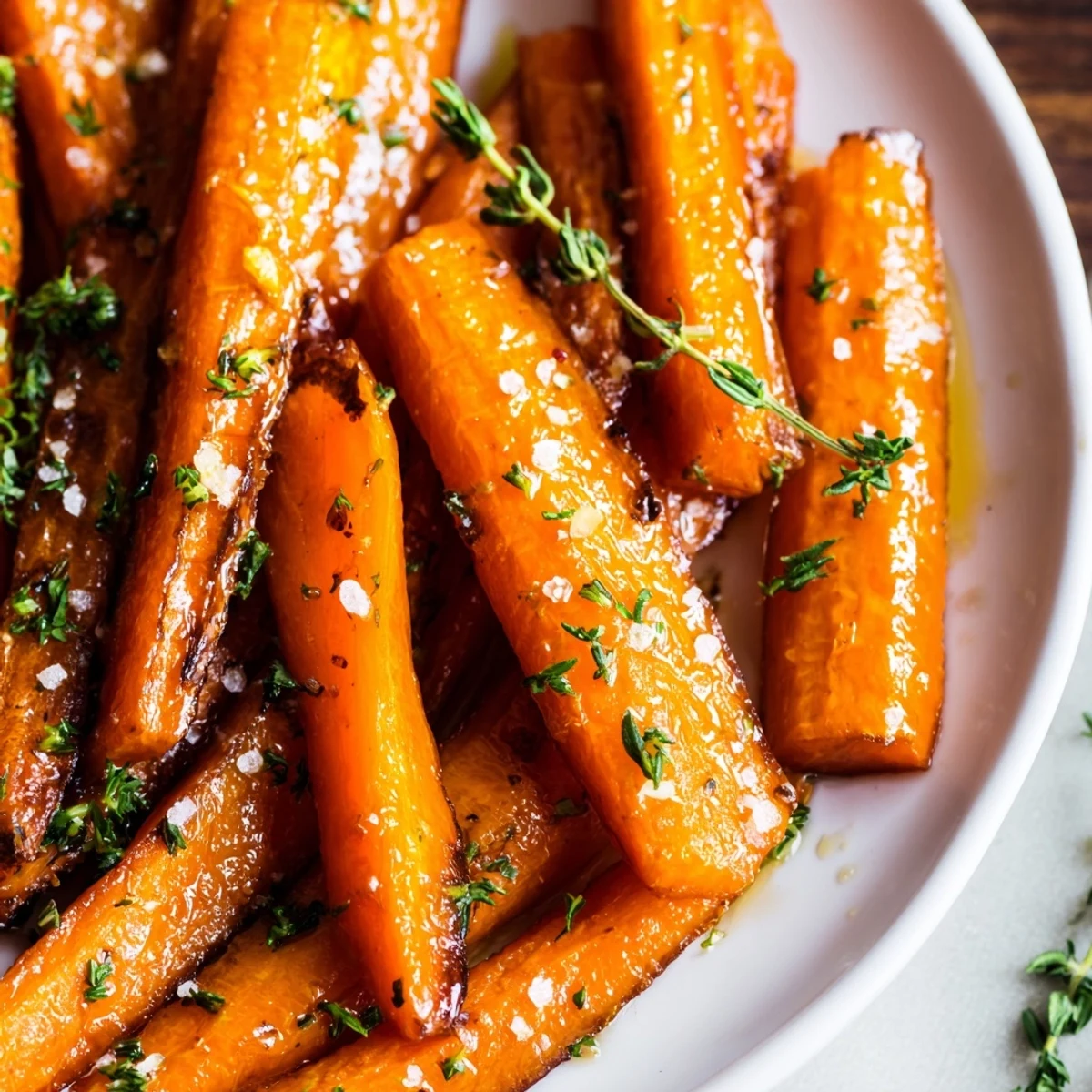 Fresh thyme and golden honey coat these roasted carrots, served warm as a vibrant vegetarian side dish.