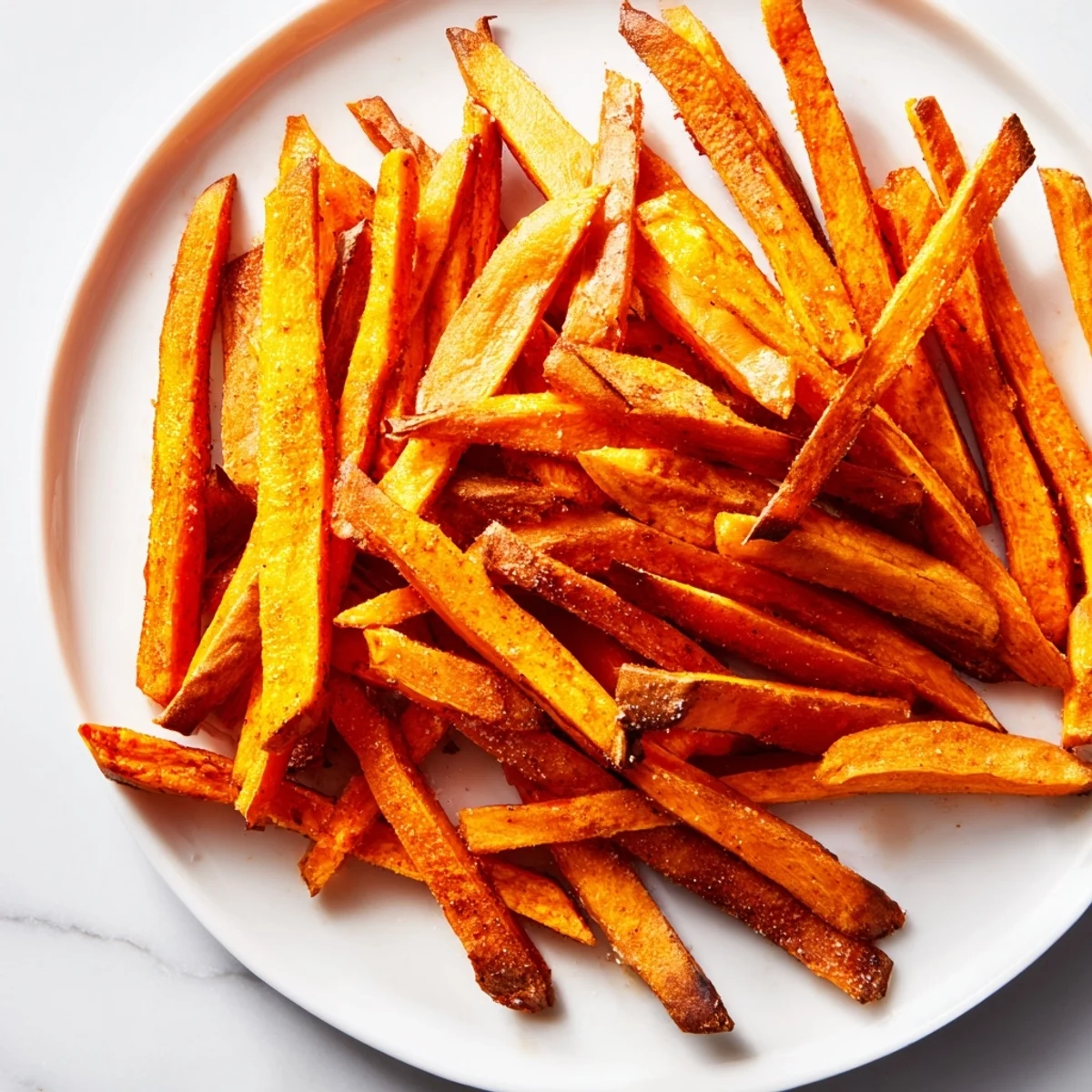 Seasoned Crispy Air Fryer Sweet Potato Fries with a tender interior and crunchy exterior, ready to eat.