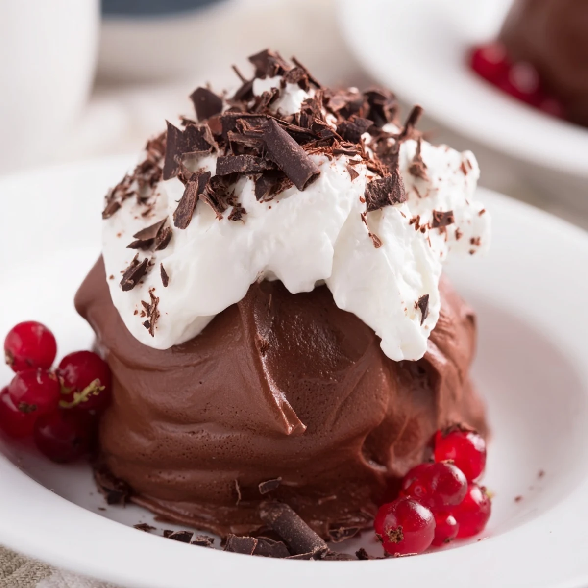 Velvety chocolate mousse with whipped cream and fresh berries in a glass, creating a rich and airy dessert for any occasion.