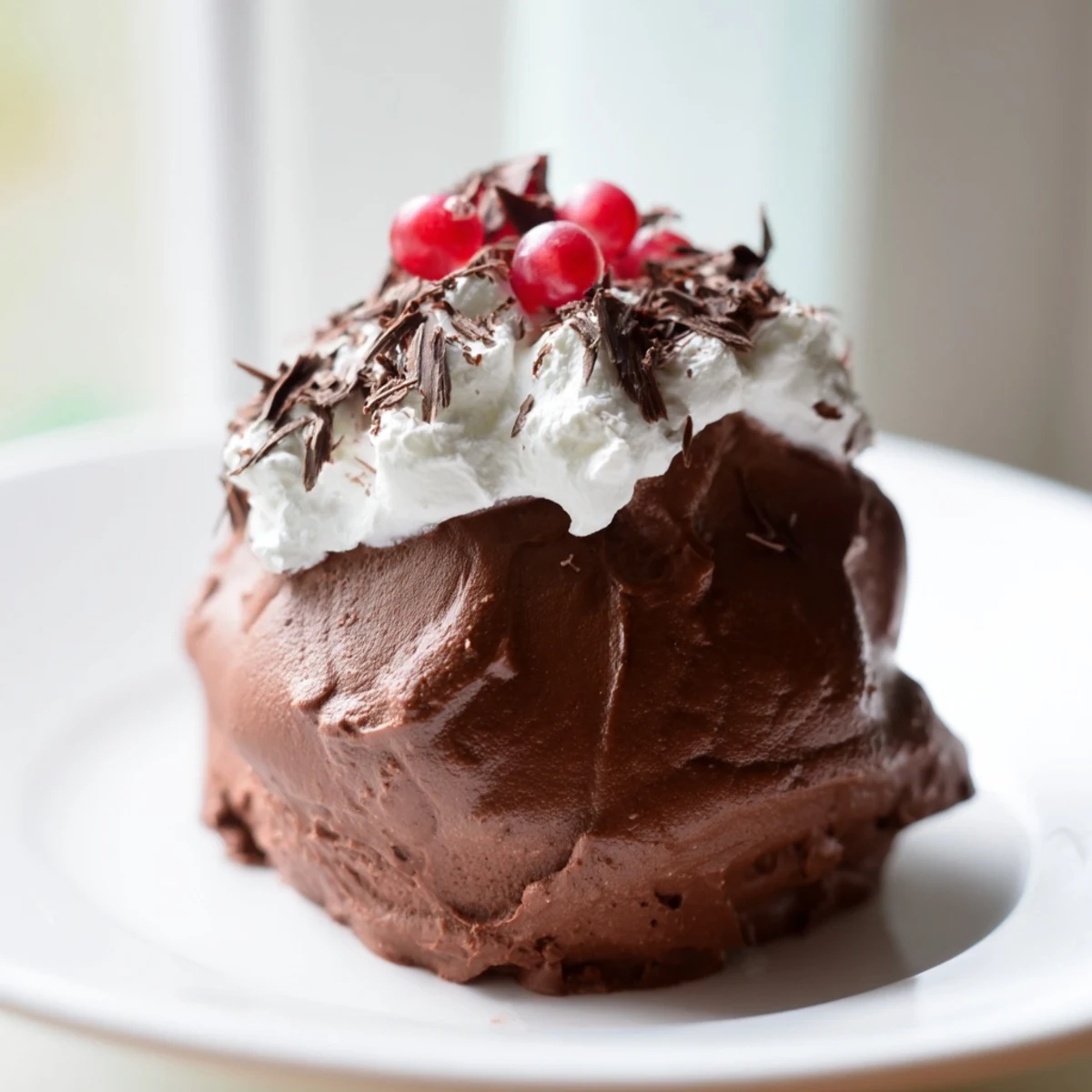Chilled chocolate mousse with whipped cream and a sprinkle of chocolate shavings, offering a decadent and creamy bite.