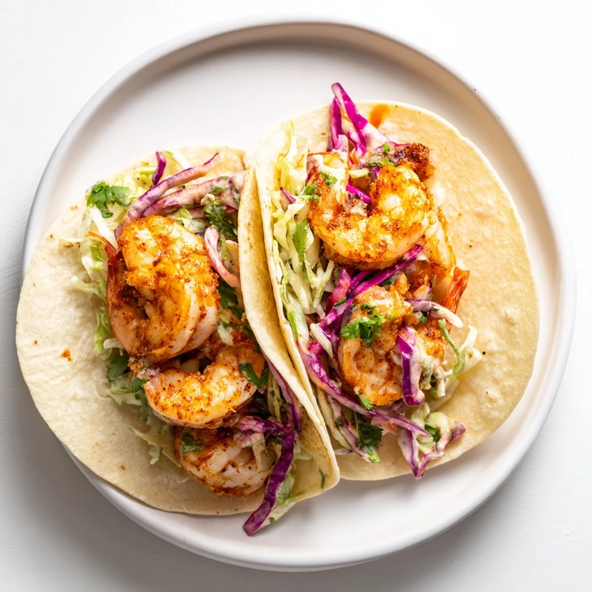 Golden, spice-coated shrimp nestled in warm corn tortillas, topped with a creamy, tangy cabbage slaw and fresh cilantro.