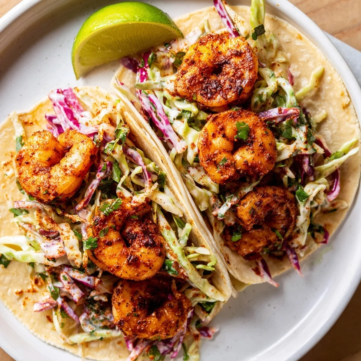 Freshly assembled shrimp tacos on a plate, garnished with lime wedges and jalapeños for a perfect weeknight Mexican-inspired meal.