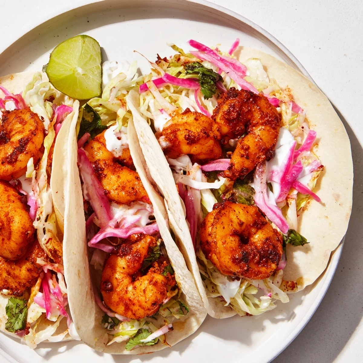 A close-up view of sizzling shrimp tacos with purple and green cabbage slaw, ready to serve for a family dinner.