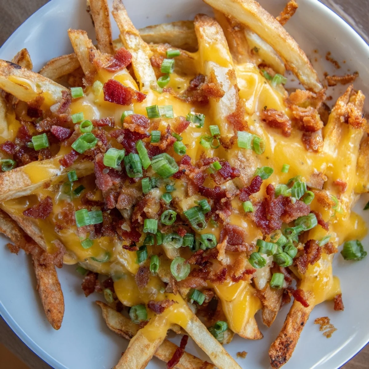Oven-baked golden fries piled high with melted sharp cheddar and crispy turkey bacon bits.