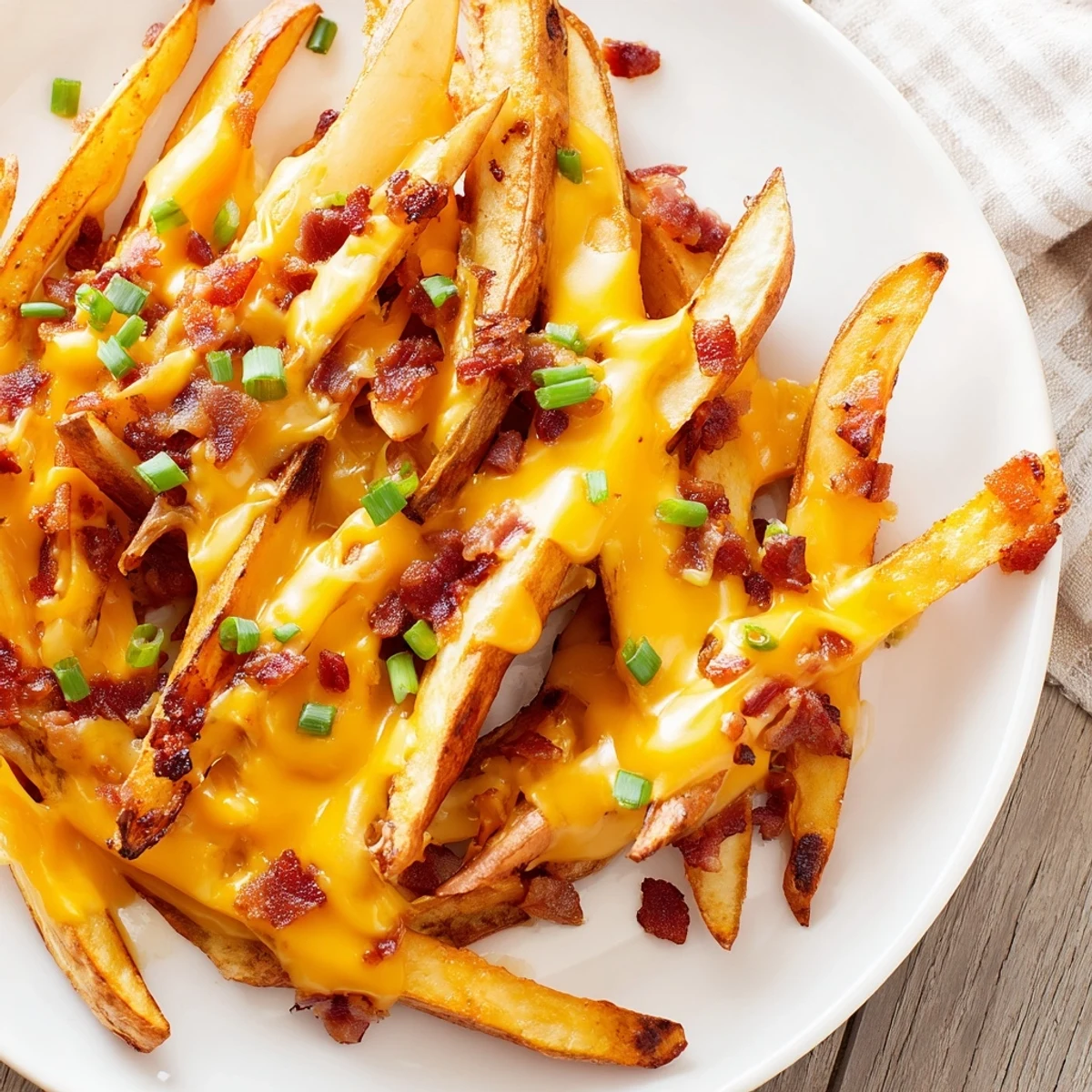 Bubbling Cheese Fries with Turkey Bacon Bits served hot on a rustic plate.