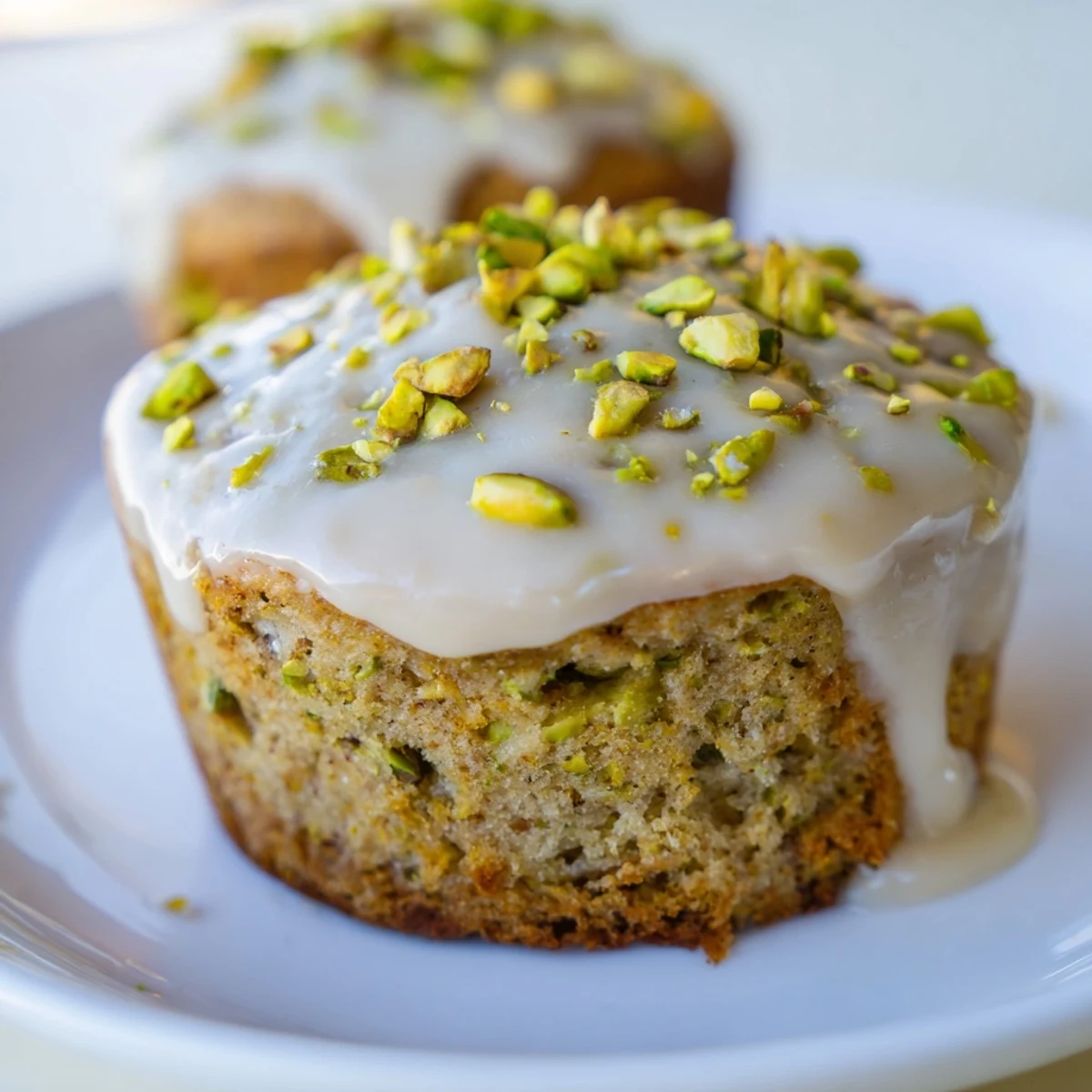 Warm Pistachio Muffins with Vanilla Glaze on a white plate, perfect for an easy American breakfast or afternoon snack.